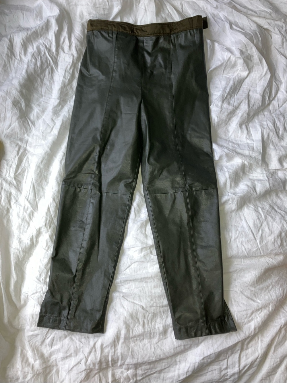 Christian Dior Olive Green Genuine Leather Straight-Leg Pants